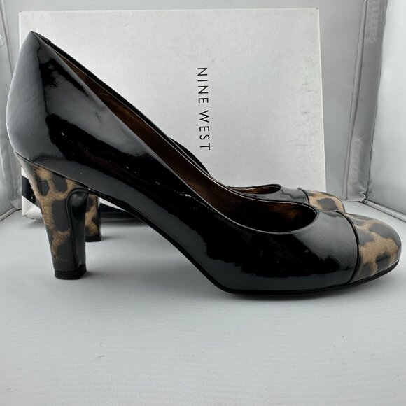 NINE WEST Black Patent Leopard Cap-Toe Pumps Size 6.5 M - Picture 5 of 8